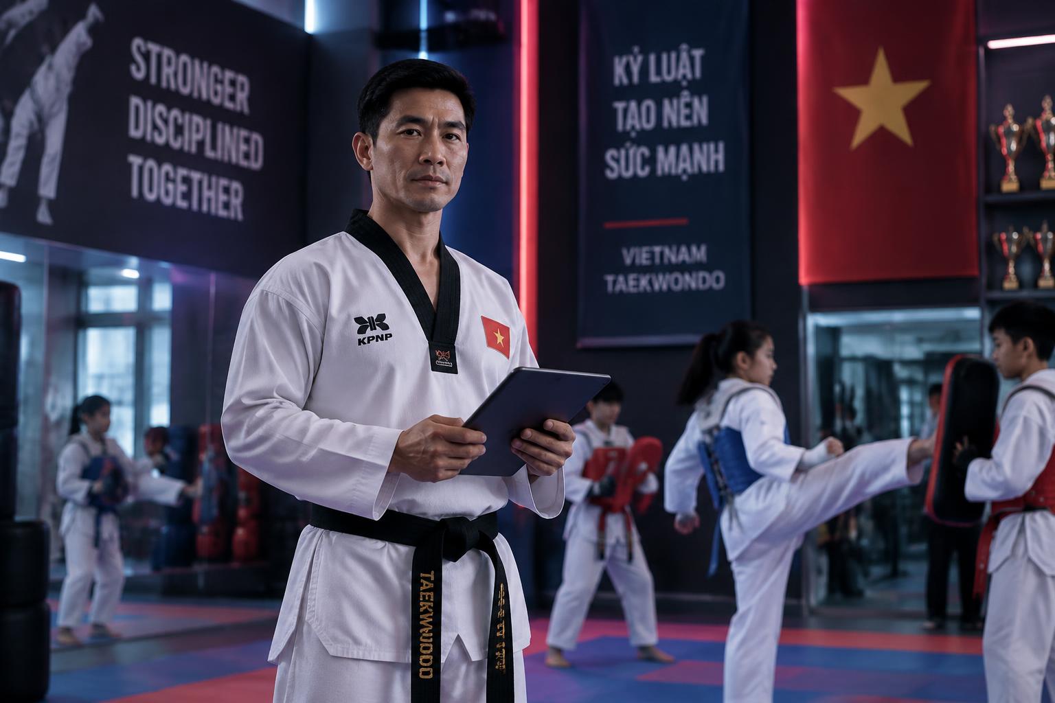 Huấn luyện viên Taekwondo cầm máy tính bảng tại võ đường